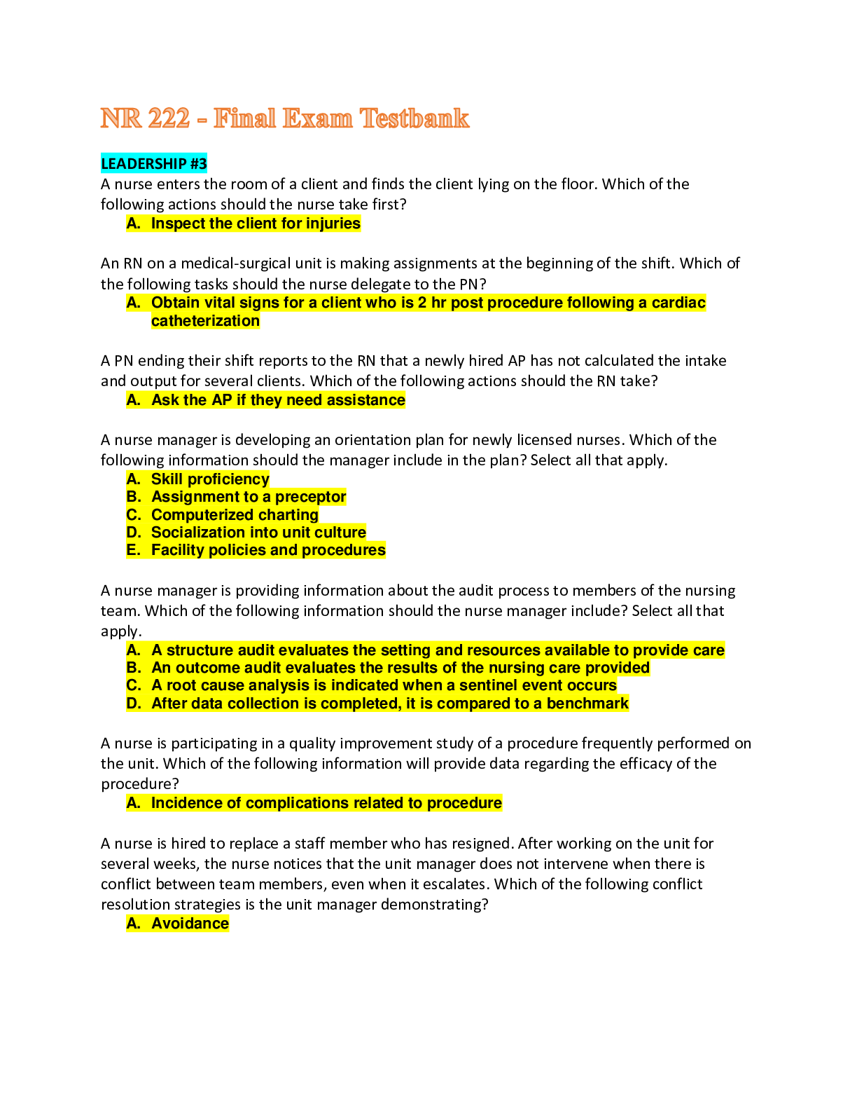 NR 222 - Final Exam Testbank Questions & Answers, A+ Guide